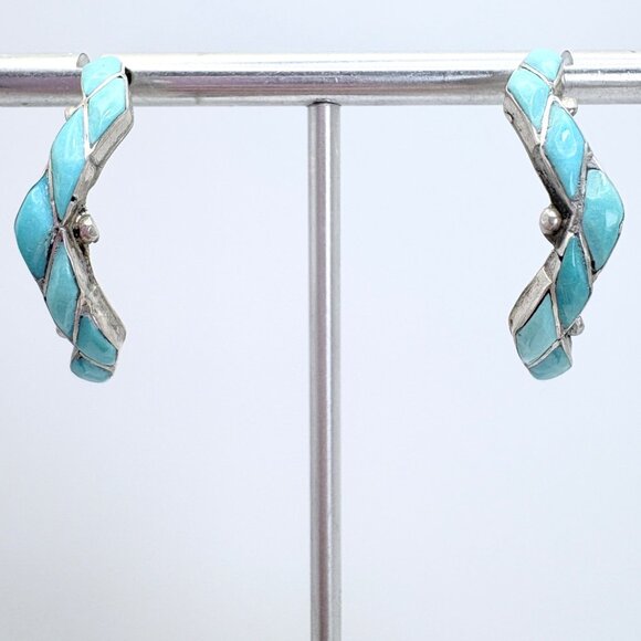 VTG Sterling Silver 925 Turquoise Wavy Half Hoop Earrings Size 1" Length - Picture 1 of 9